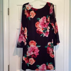 Navy Floral Shift Dress with Sheer Bell Sleeves